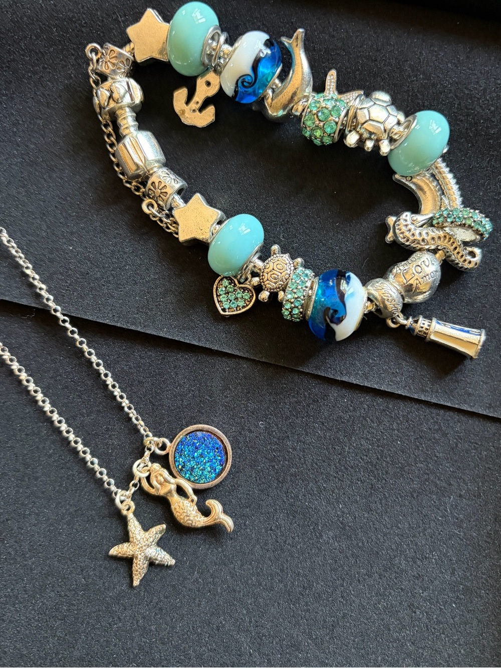 Silver-Tone Sea Charm Bracelet & Necklace Set in Aqua Blue